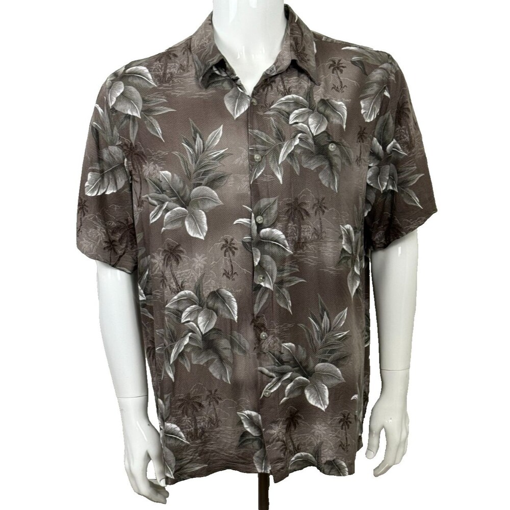 Vintage Hawaiian Shirt Aloha Tiki Huts Palm Trees Earth Tone Y2K 90s Rayon Large